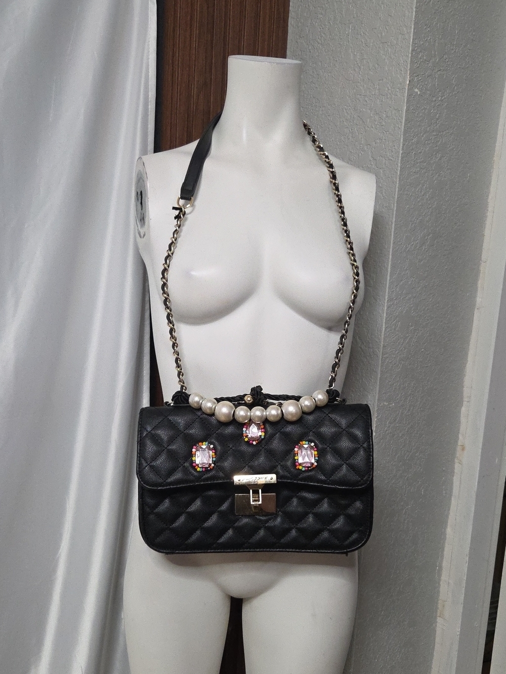 Betsey Johnson Black Quilted Shoulder Bag with Pearls & Crystal Accents 11x7 In